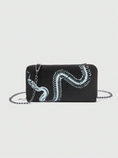 Goth Portafoglio lungo con catena a stampa di serpente, stile scuro, borsa portamonete versatile di moda
