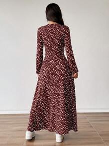 SHEIN Unity 海军蓝色碎花 V 领 A 字形连衣裙长款女装 - 酒紅色 - 查看 2