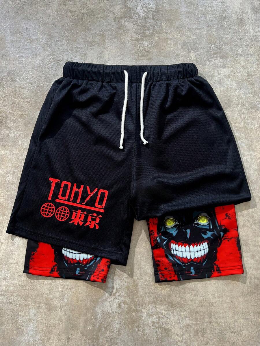 SHEIN Bolty 1pc Teenboy's Simple Figure Graphic Drawstring Waist Shorts, School;Spring Wear; Teen Boys' Clothing; Teen Boy' Jackets, Spring Back To School - Multicolor - View 1