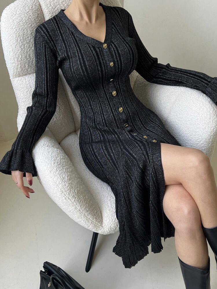 Women's Waist Fitted Flared Sleeve Fish Tail Sweater Dress