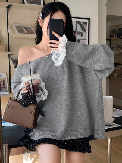 DAZY 女士宽松蕾丝拼接斜肩针织毛衣，秋装