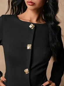 Poéselle Women's Solid Color Long Sleeve Simple Fashionable Casual Everyday Dress - Black - View 2