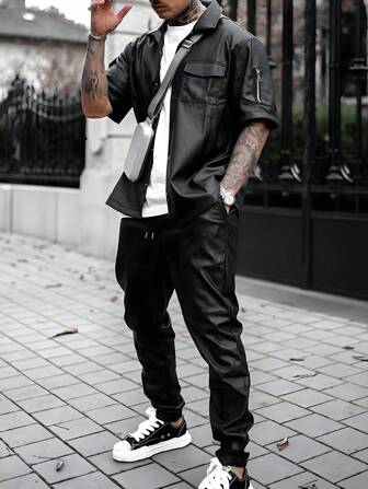 Manfinity LEGND Hommes 2 pièces/set Chemise en PU à manches courtes avec une seule rangée de boutons et pantalon long à taille à cordon de serrage, couleur unie
