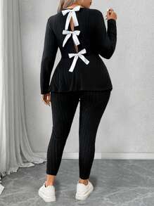 Calvaya Plus Size Women Casual Bow Decor Back 2pcs Loungewear Set Fall Cloth For Women - Black - View 5