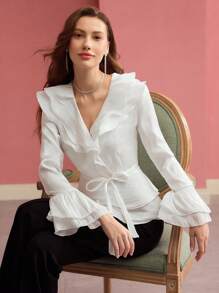 MOTF PREMIUM RUFFLE TRIM FLARE SLEEVE BLOUSE,SPRING/SUMMER - White - View 4
