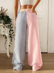 SHEIN EZwear 女款字母贴布宽腿宽松拼色条纹裤