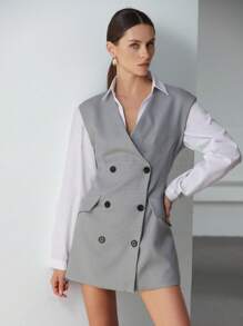 SHEIN Privé Sleeveless Double-Breasted Plaid Mini Dress, Suitable For Valentine's Day & Spring Fall Cloth For Women - Grey - View 5