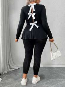 Calvaya Plus Size Women Casual Bow Decor Back 2pcs Loungewear Set Fall Cloth For Women - Black - View 2