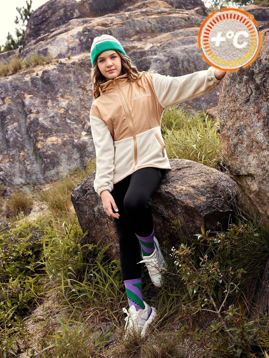 SHEIN Chaqueta de cuello alto de forro polar suave con parches, para uso casual al aire libre, adecuada para niñas/adolescentes, cómoda para actividades al aire libre, uso diario y fotografía en la ciudad