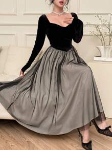 DAZY 女式拼布中长派对连衣裙，春秋季优雅长袖连衣裙 - 彩色 - 查看 8