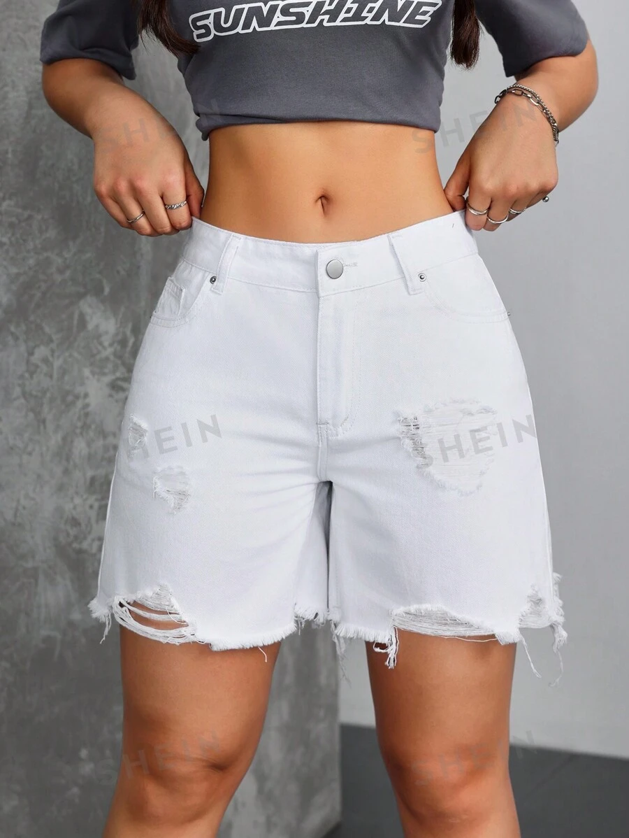 SHEIN ICON Pantaloni scurți casual din denim, la modă și potriviți pentru purtarea zilnică - alb - Vizualizare 1