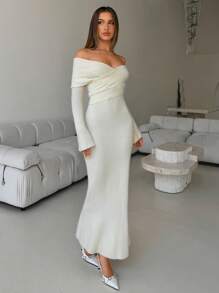 Aloruh Elegante off-shoulder crossover wrap bodycon zeemeermin lange mouwen gebreide trui jurk voor dames, abrikoos, warm voor dagelijkse dates, herfst/winter