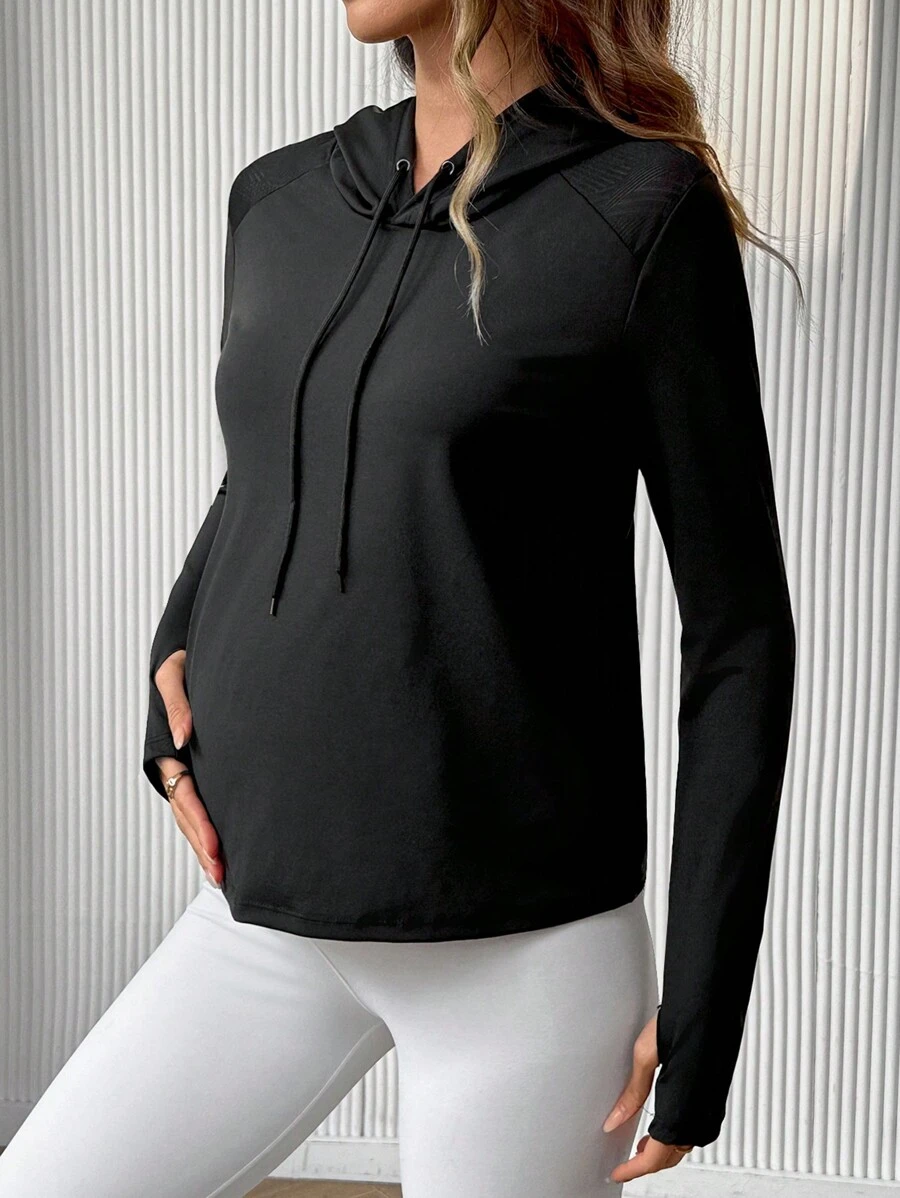 SHEIN Maternity Solid Color Long Sleeve Drawstring Hoodie Sweatshirt - Black - View 1