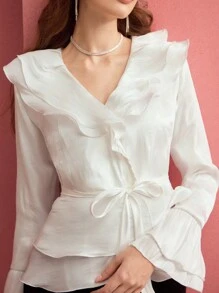 MOTF PREMIUM RUFFLE TRIM FLARE SLEEVE BLOUSE,SPRING/SUMMER - White - View 3
