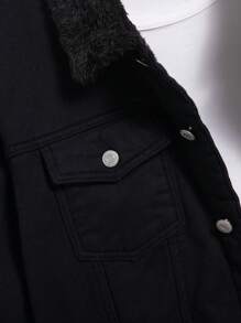 Manfinity Homme Loose Fit Men's Shearling Lined Button Front Denim Jacket (Without T-Shirt) - Black - View 6