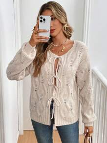 SHEIN Frenchy 1pc Women's Tie Front Cardigan, Solid Color Minimal Casual Everyday,Cable Collar, Casual Loose Cardigan With Center Front Tie, Can Be Worn Underneath,Solid Color Winter - Apricot - View 5