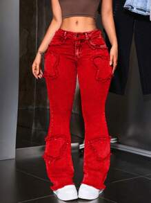 Jeanoix Quần Jeans Denim Nữ Ống Loe Viền Thô Thường Ngày Đa Năng - Đỏ - Xem 3