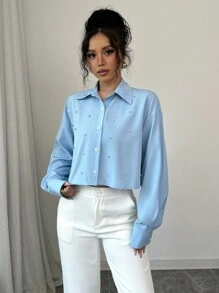 Elenzga Long Sleeve Shirt With Decorated Collar Design - Blue - View 3
