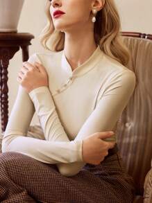 Vintamour 复古优雅女式立领长袖T恤，修身款，杏色长袖上衣新年女装冬装女士优雅复古服装情人节外出上衣休闲中国新年 - 杏色 - 查看 4