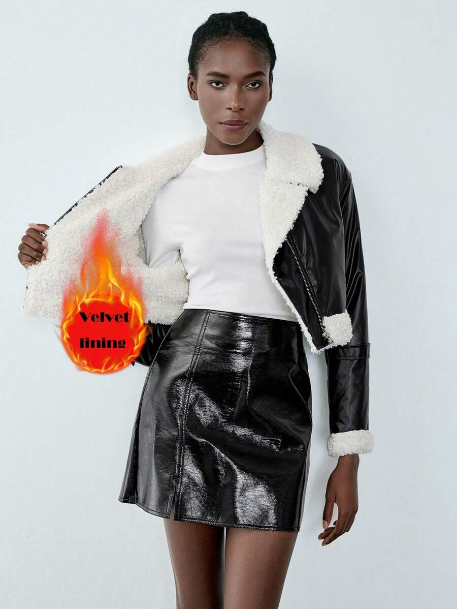 Chiquease Áo khoác ngắn lông xù SHEIN Luminelle American Biker Chic - màu đen - Xem 1