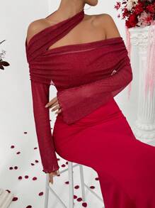 SHEIN Unity Off Shoulder Wine Red Sequin Embellished Long Sleeve Dress For Women, Party Wear - Red - View 4