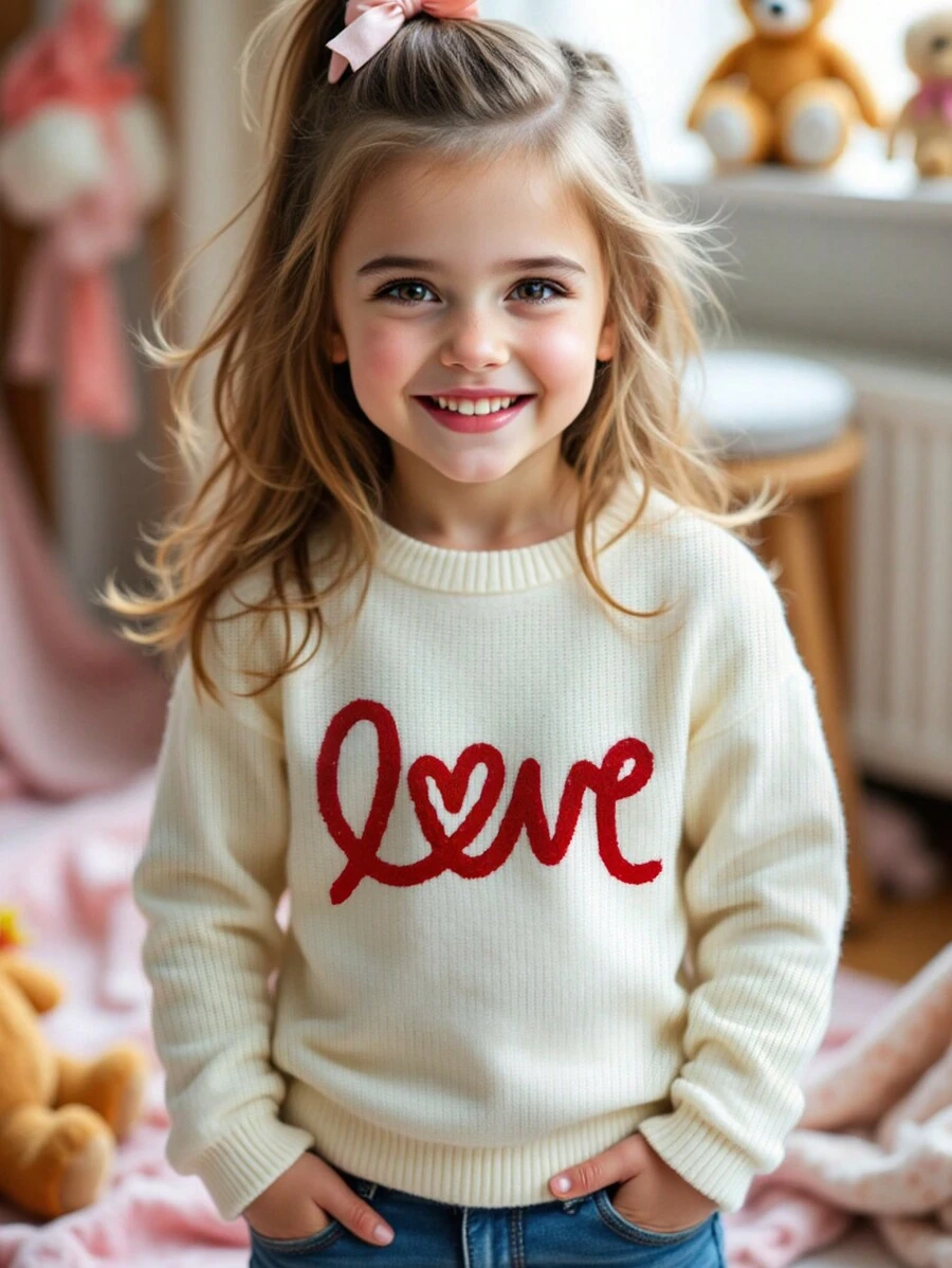 SHEIN Leap Crew 休闲简约字母“LOVE”宽松圆领长袖毛衣,适合年轻女孩 - 白色 - 查看 1