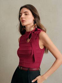 Anewsta 优雅无袖系带镂空提花针织吊带背心，适合情人节、暑假、新年、节日、春季、夏季 - 酒紅色 - 查看 4