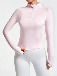 Easithlete Women Solid Color Front Zipper Long Sleeve Casual Sports Sweatshirt - Pink - View 5