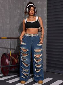 SHEIN ICON Jeans anchos de pierna ancha y desgastados para mujer de talla grande
