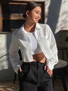 DAZY 女士字母刺绣短款长袖休闲衬衫，春夏秋装