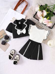 SHEIN 3pcs/Set Baby Girl Spring& Autumn Elegant Style, Lapel Short Sleeve Jacket&Sleeveless Top&Short Pants
