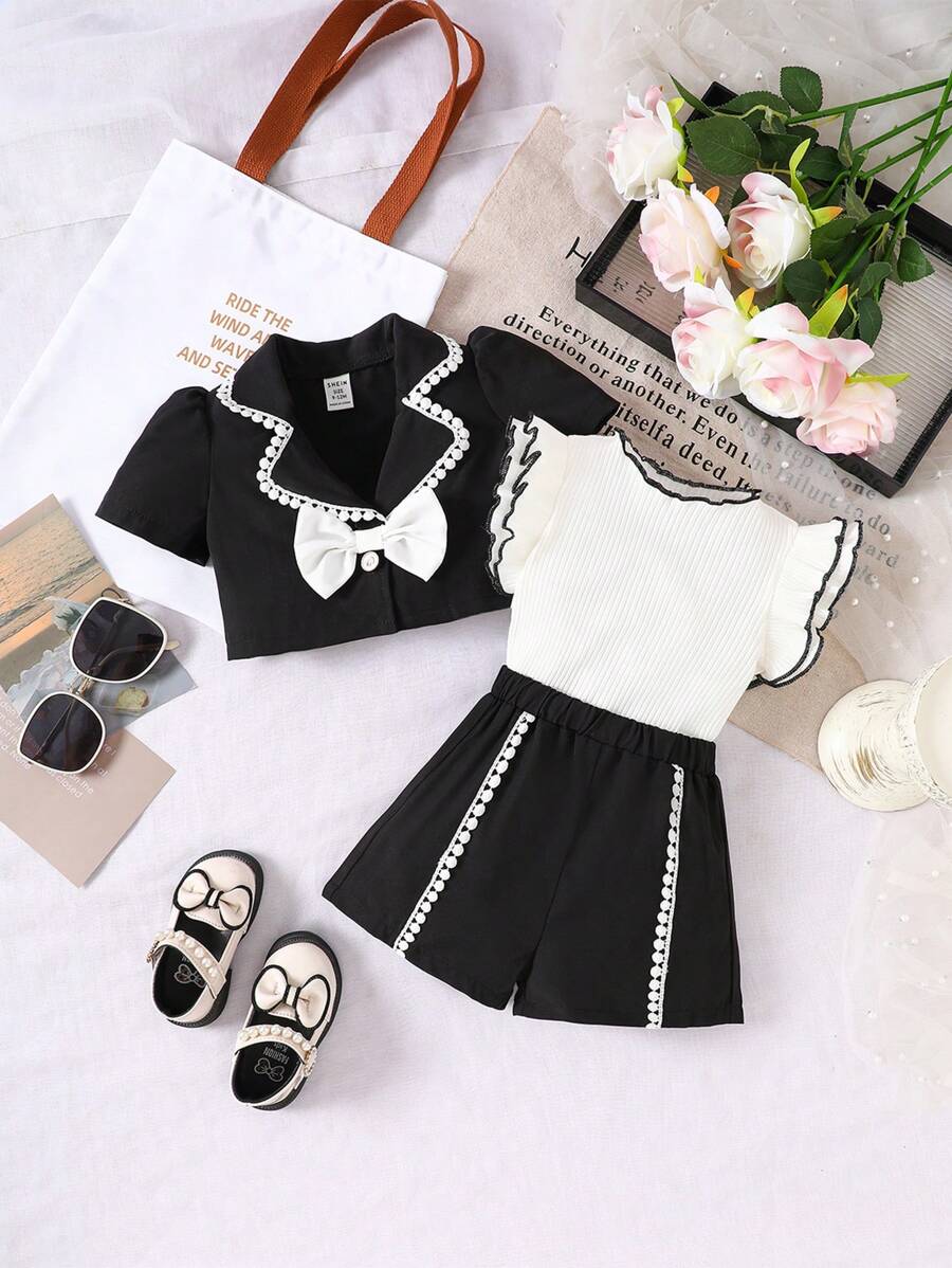 SHEIN 3pcs/Set Baby Girl Spring& Autumn Elegant Style, Lapel Short Sleeve Jacket&Sleeveless Top&Short Pants