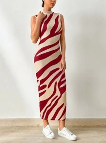 SHEIN Essnce Vestido sin mangas de cuello alto con estampado de cebra para mujer - Rosa Roja - Ver 5