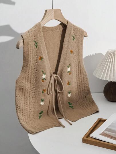 Sweetra Autumn/Winter Bowknot Knitted Cardigan Vest, Khaki With Embroidery Retro V-Neck Design