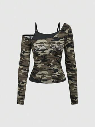 Grunge Punk تي شيرت ضيق أنثوي بأكمام طويلة مزين برينستون باللون البديل والطبعة الكاموفلاج الرائعة