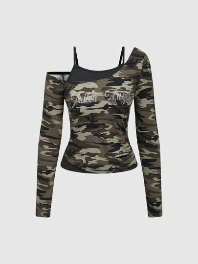 Grunge Punk T-shirt slim à manches longues pour femmes, 2-en-1, avec imprimé camouflage bicolore et décoration de strass, style punk