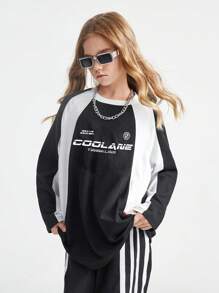 Coolane Kids Tween Mädchen Preppy Streetwear Sportswear Block-Core Fußball Oversized T-Shirt für Schulanfang, Mutter und Tochter, Silvester - Schwarz und Weiss - Übersicht 1