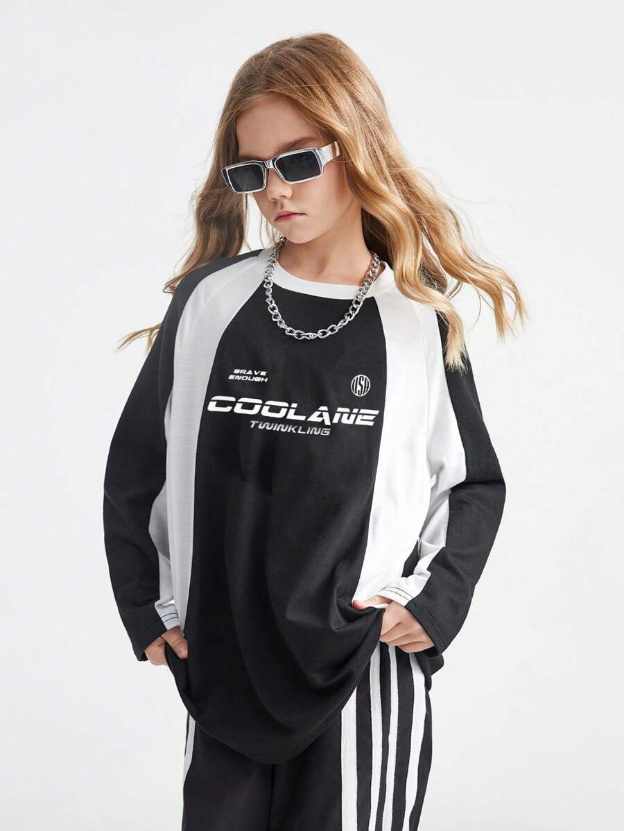 Coolane Kids Tween Mädchen Preppy Streetwear Sportswear Block-Core Fußball Oversized T-Shirt für Schulanfang, Mutter und Tochter, Silvester - Schwarz und Weiss - Übersicht 1