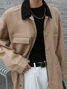 DAZY Chaqueta vaquera suelta de manga larga con bolsillo, hombros caídos y cuello de color contrastante para mujeres