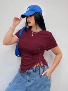 Coolane 大码抽绳侧不对称短款 T 恤，修身款，夏季 - 酒紅色 - 查看 4