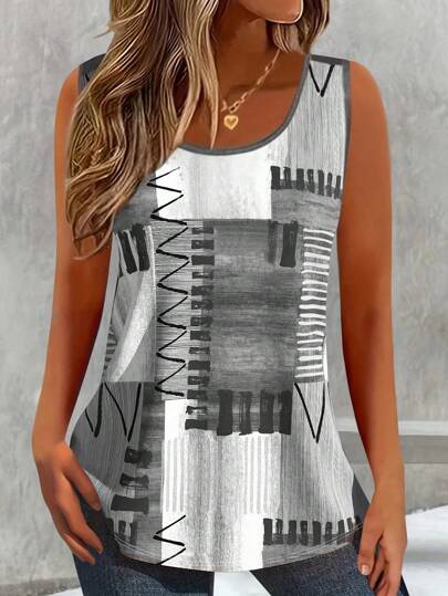 Plus Size Patchwork Printed Casual Crew Neck Sleeveless Top, Daily Wear Women Graphic Tee Top For Summer