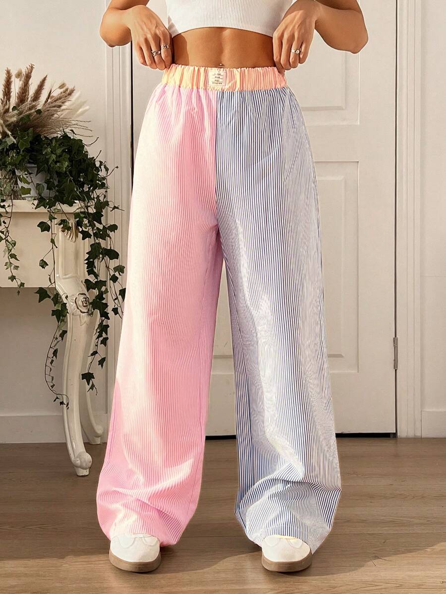 SHEIN EZwear 女款字母贴布宽腿宽松拼色条纹裤