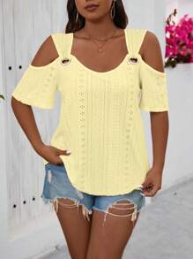 SHEIN LUNE Plus Size Metallic Decor Jacquard Cold Shoulder Top For New Year Clothes