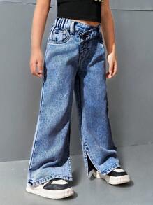 SHEIN Explorewe Girls Light Wash Casual Jeans, Simple Design With Side Split Hem, Wide Leg - Medium Wash - View 4