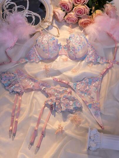 3 Pieces Set: Embroidered Feather Decor Underwire Bra, Garter Belt, And Thong Panty For Going Out