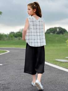 SHEIN 2 件装中大童女孩/青少年休闲格子无袖上衣和阔腿裤套装，薄面料，适合日常穿着 - 彩色 - 查看 2