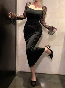 DAZY Women's Summer Drape Design Muse Dress Sheer Mesh Patchwork Twist Knot Dress, Valentine's Day Prom Dress