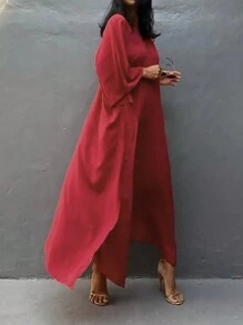 Vacation Style Loose V-Neck Flared Long Sleeved Hem Slit Dress - Red - View 4