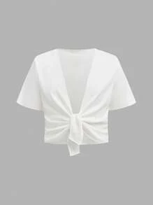 SHEIN Wildeya Set de 2 piezas para niña preadolescente: Blusa de manga corta con lazo y vestido con tirantes con lazo, versátil para el Día de San Valentín, vacaciones, primavera, otoño, verano, uso escolar, temporada de bodas, con diseño floral/decorativo