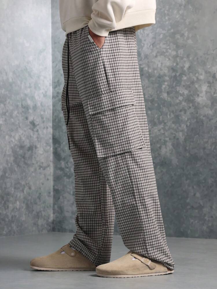 Comfortable Loose Fit Wide Leg Check Pattern Cargo Pants